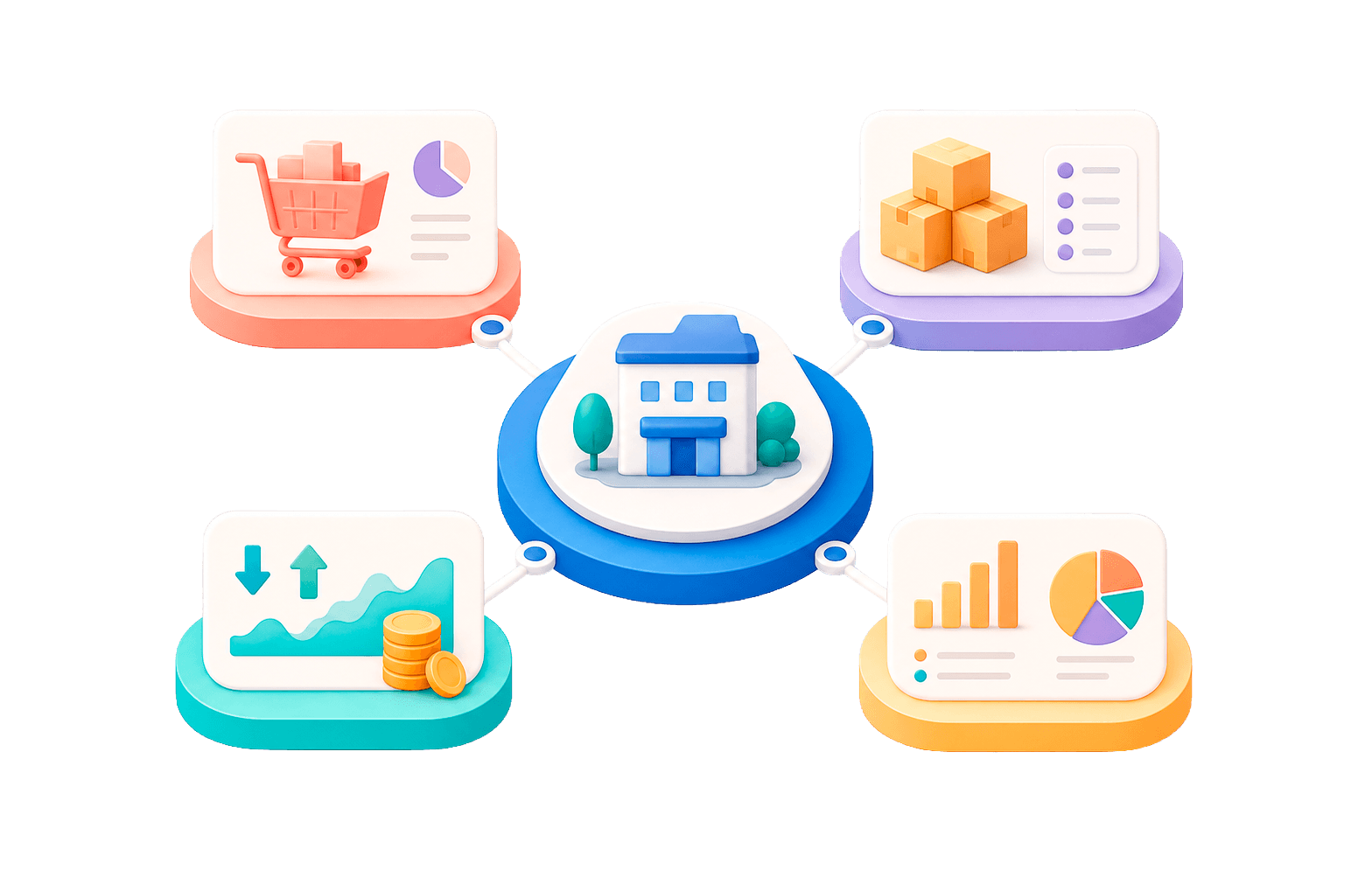 Ilustración de ventas, inventario, caja y reportes conectados